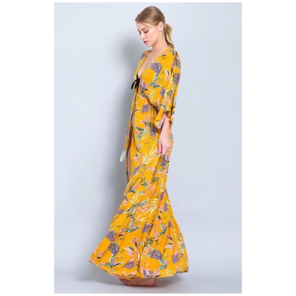 Mustard Floral Maxi Kimono Coverup Wrap Duster - Picture 7 of 8